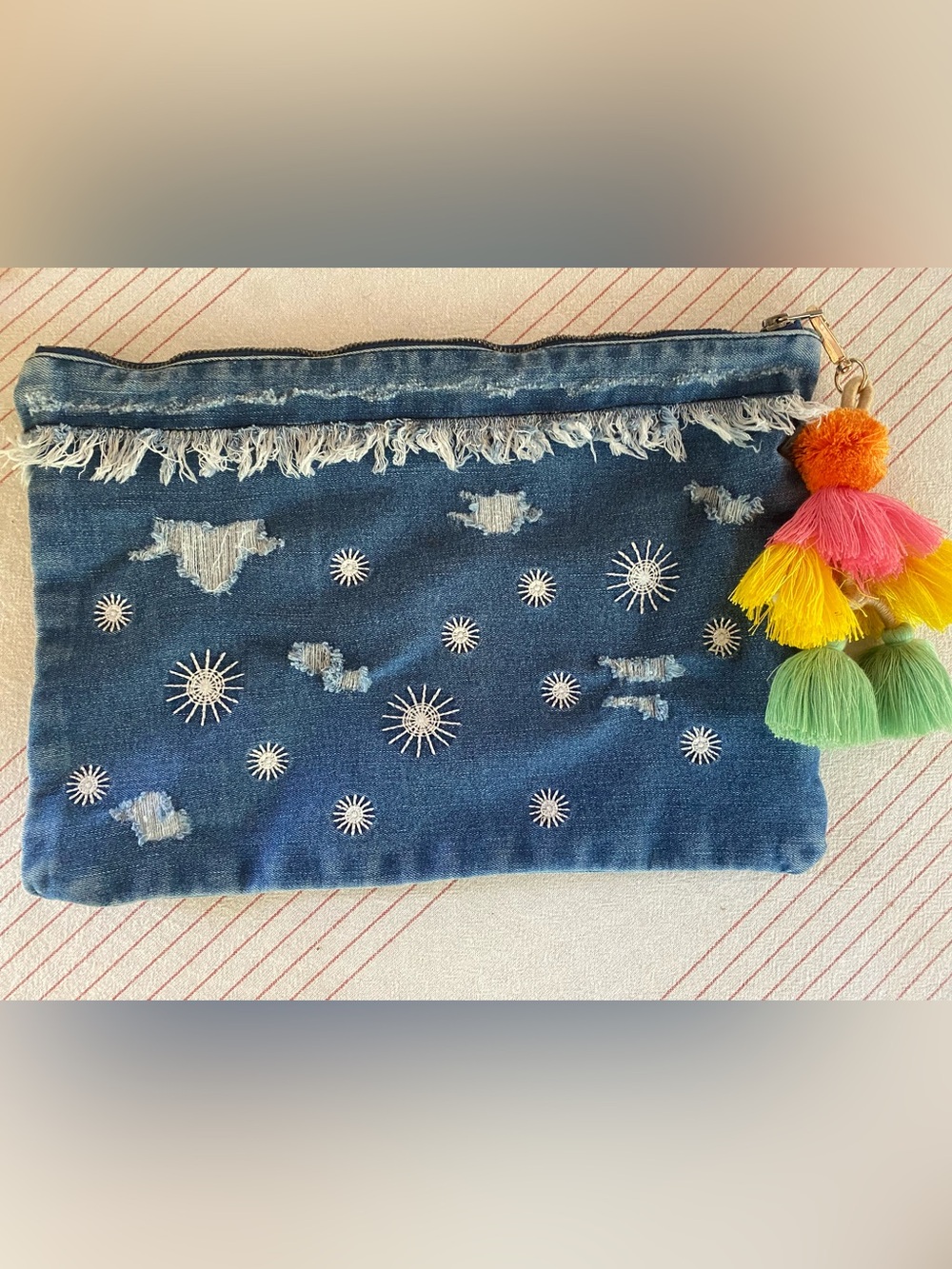 Embroidered Distressed Denim Clutch/Pouch - Sunburst Stitch Detail